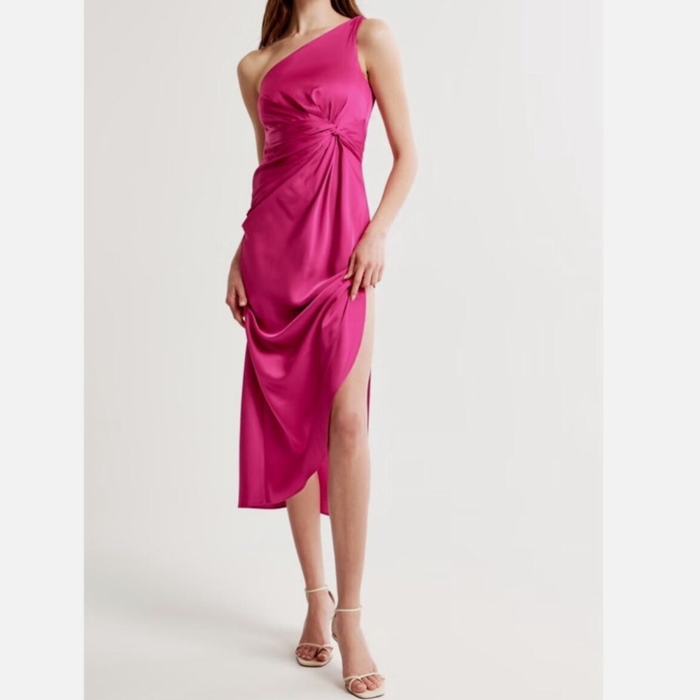 Magenta one shoulder satin knotted midi Abercrombie dress